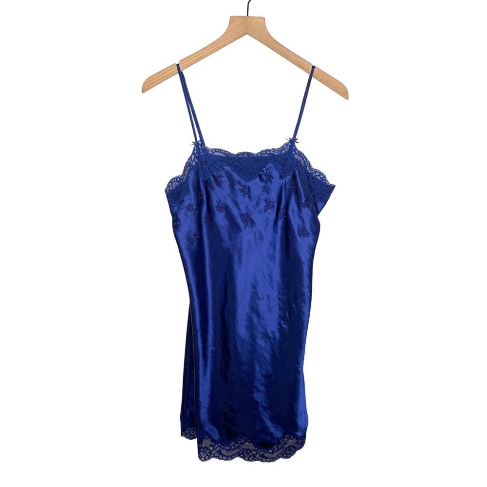 Vintage Navy Slip Dress M Satin Lace Floral Coquette Autumn Wedding Cocktail 90s